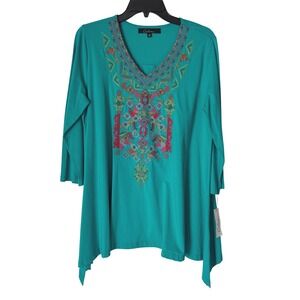 Caleesa Women Pullover Embroidered V-Neck 3/4 Sleeve Tunic Size M